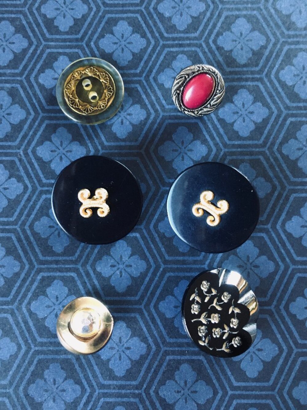 Vintage Mixed Statement Button Lot 6pc Black Gold Rhinestone Shank Craft